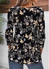Black Floral Print Tuck Stitch Long Sleeve T Shirt 2