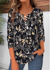 Black Floral Print Tuck Stitch Long Sleeve T Shirt