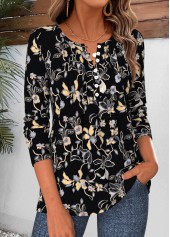 Black Floral Print Tuck Stitch Long Sleeve T Shirt 3