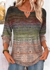 Multi Color Tribal Print Beaded Long Sleeve T Shirt