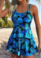 Blue Leaf Print High Stretch Scoop Neck Tankini Set 3