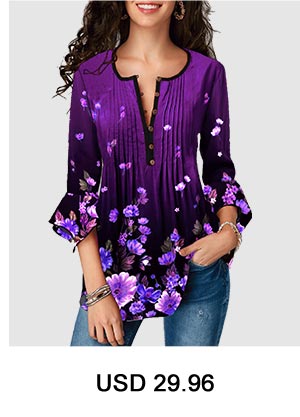 Flare Sleeve Floral Print Crinkle Chest Blouse