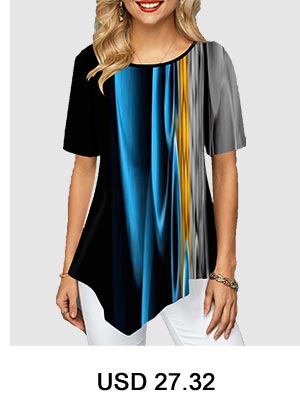 Asymmetric Hem Abstract Print Round Neck T Shirt
