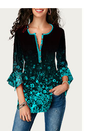 Button Front Flare Sleeve Printed Blouse
